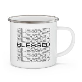 Enamel Camping Mug, Stacked Blessed Print - Inspirational Affirmation - Black
