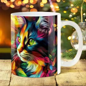 1pc Whisker Wonders 11oz Colorful Cat Design Ceramic Mug, Large Handle Coffee Cup for Home, Outdoor Camping,