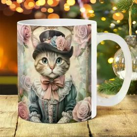 1pc WhimsyCat 11oz Ceramic Mug, Gothic Cat Design with Roses, Ideal for Outdoor Camping, Picnics, Travel, Home &
