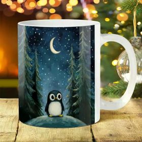 1pc 11oz Ceramic Coffee Mug, Gothic Penguin Design with Moonlit Forest, Large Handle, Ideal for Outdoor Camping,