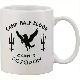 TOOLOUD Cabin 3 Poseidon Camp Half Blood Ceramic Coffee Mug - 11oz, White with Black Graphics, Mythological