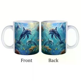 1pc 11oz Ceramic Dolphin Ocean Theme Coffee Mug, Wide Mouth Travel Cup with Gift Box, Ideal for Camping & Picnics,