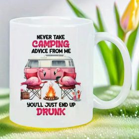 11oz Ceramic Camping Mug - "Never Take Camping Advice from Me" Design with Pink Van & Flamingo Illustration,