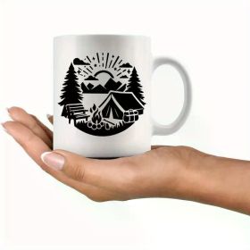 1pc 11oz Ceramic Coffee Mug with Forest Campfire Design – Nature-Inspired Camping Theme, Perfect Gift for Outdoor