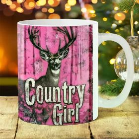1pc Rustic Deer Design Ceramic Mug 11oz - Large Handle Country Girl Coffee Cup for Home, Outdoor Camping, Picnic,