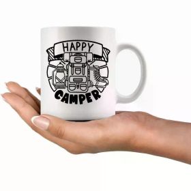 1pc 11oz Happy Camper Ceramic Coffee Mug – White Camping-Themed Design with Black Graphics, Perfect Gift for
