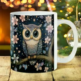 1pc 11oz Ceramic Owl Mug, Gothic Floral Design, Large Mouth Coffee Cup, Ideal for Outdoor Camping, Picnic, Travel,