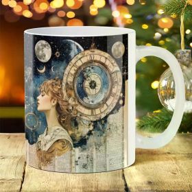 1pc 11oz Artistic Ceramic Mug with Vintage Clock & Celestial Design - Ideal for Outdoor Camping, Picnics, Travel | Perfect
