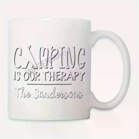 11oz Ceramic Coffee Mug - 'Camping Is Our Relax' Family Name Design, White with Black Text, Perfect for Camping