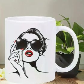 Chic White Ceramic Coffee Mug with Stylish Girl Illustration – Insulated, Reusable, Hand Wash Only – Perfect for Camping,