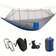 Camping Hammock with Net with 440 lb Capacity - Lightweight Camping Hammock Chair - Double or Single Size with Tree Strap and Included Carry Bag - Sui (Color: Gray and blue)